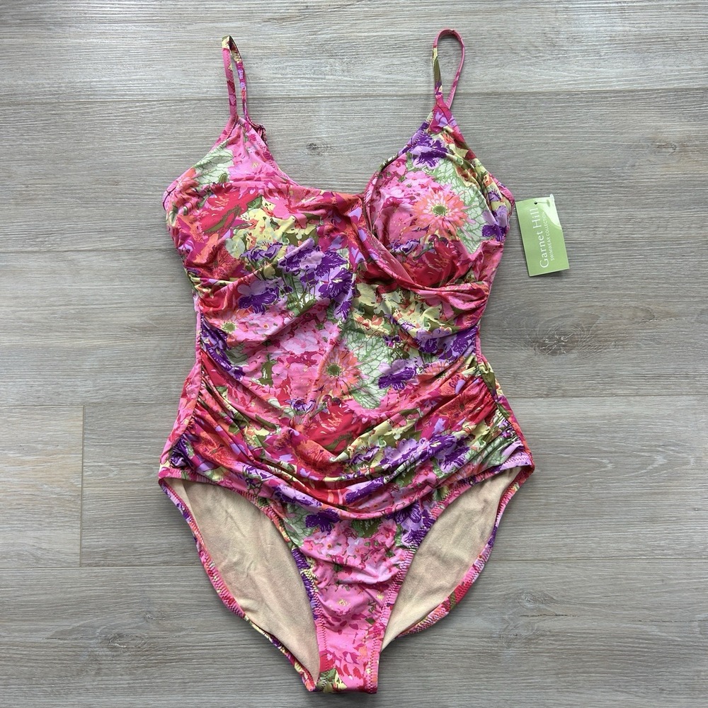 NWT‎ Garnet Hill 16 Pink Floral One Piece Swimsuit Tummy Control Built In Bra